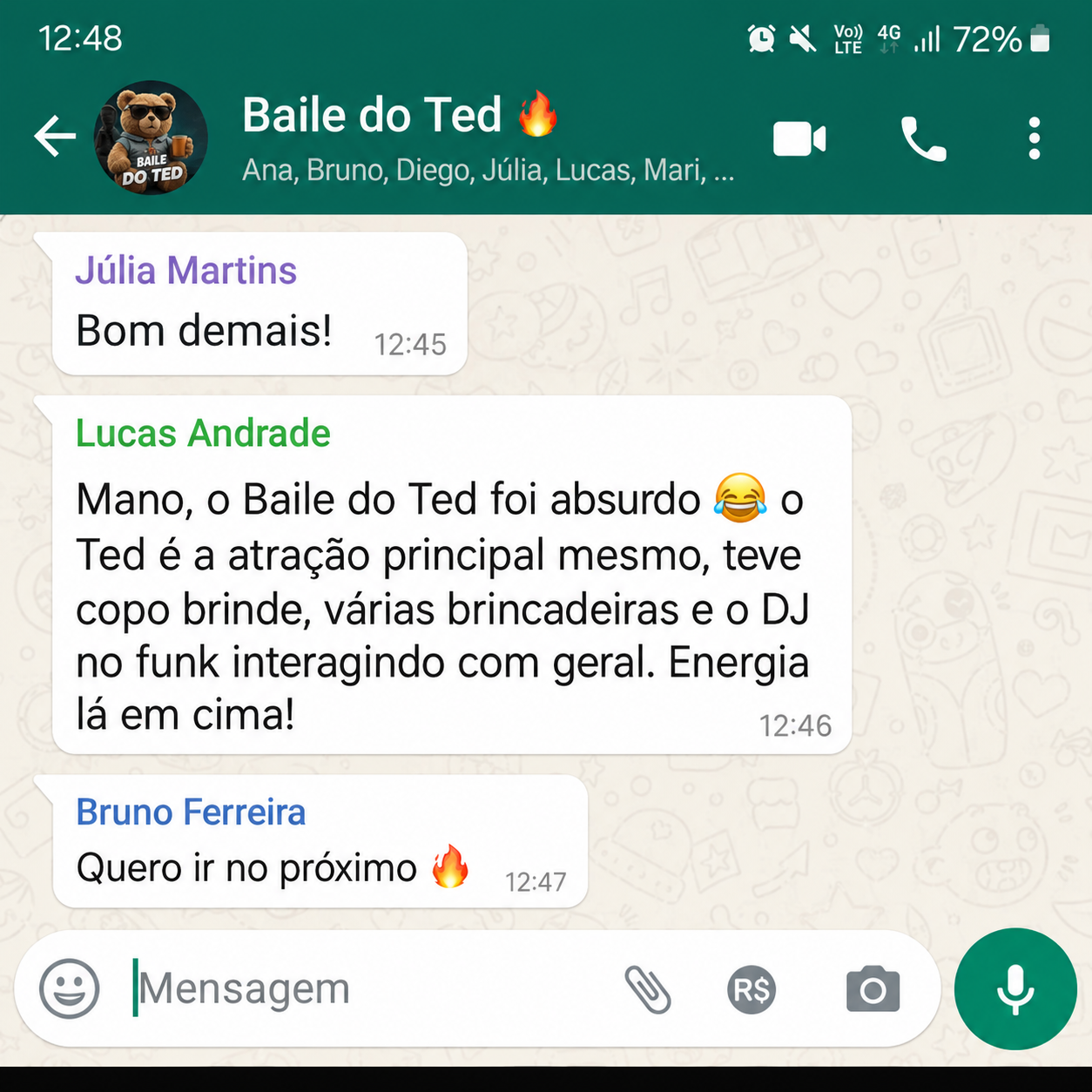 Comentário sobre o Baile do Ted no WhatsApp