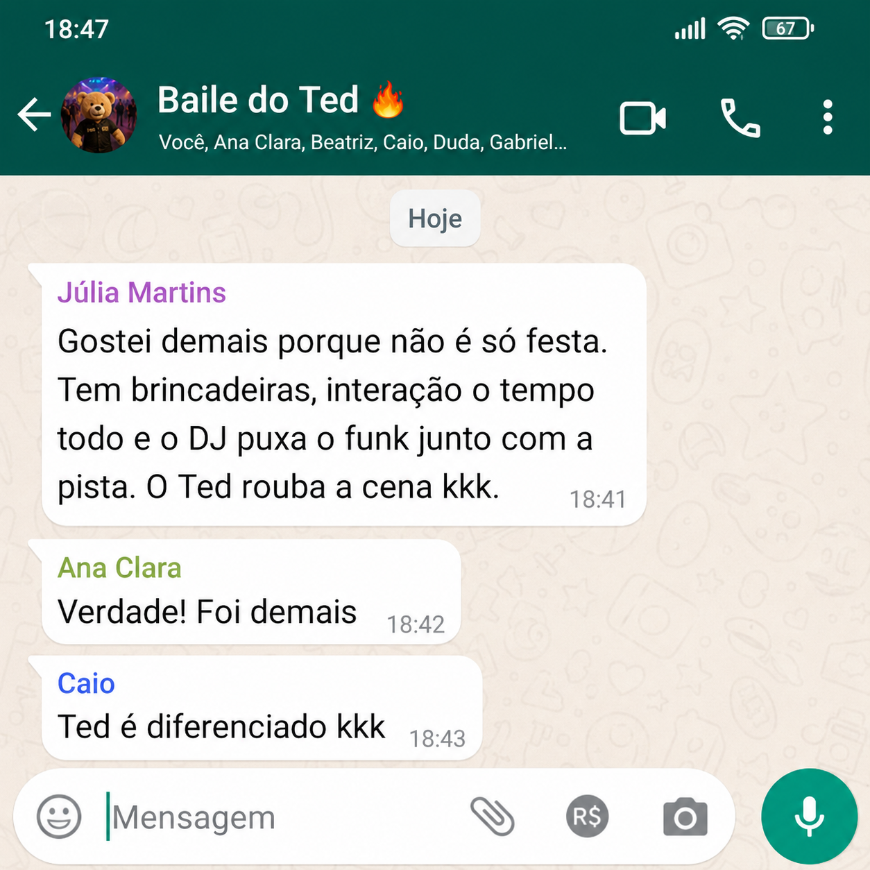 Comentário sobre o Baile do Ted no WhatsApp