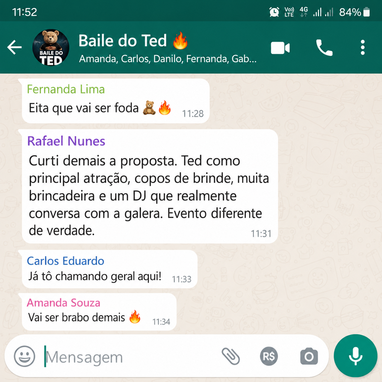 Comentário sobre o Baile do Ted no WhatsApp