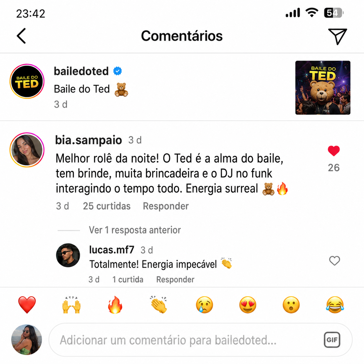 Comentário sobre o Baile do Ted no Instagram