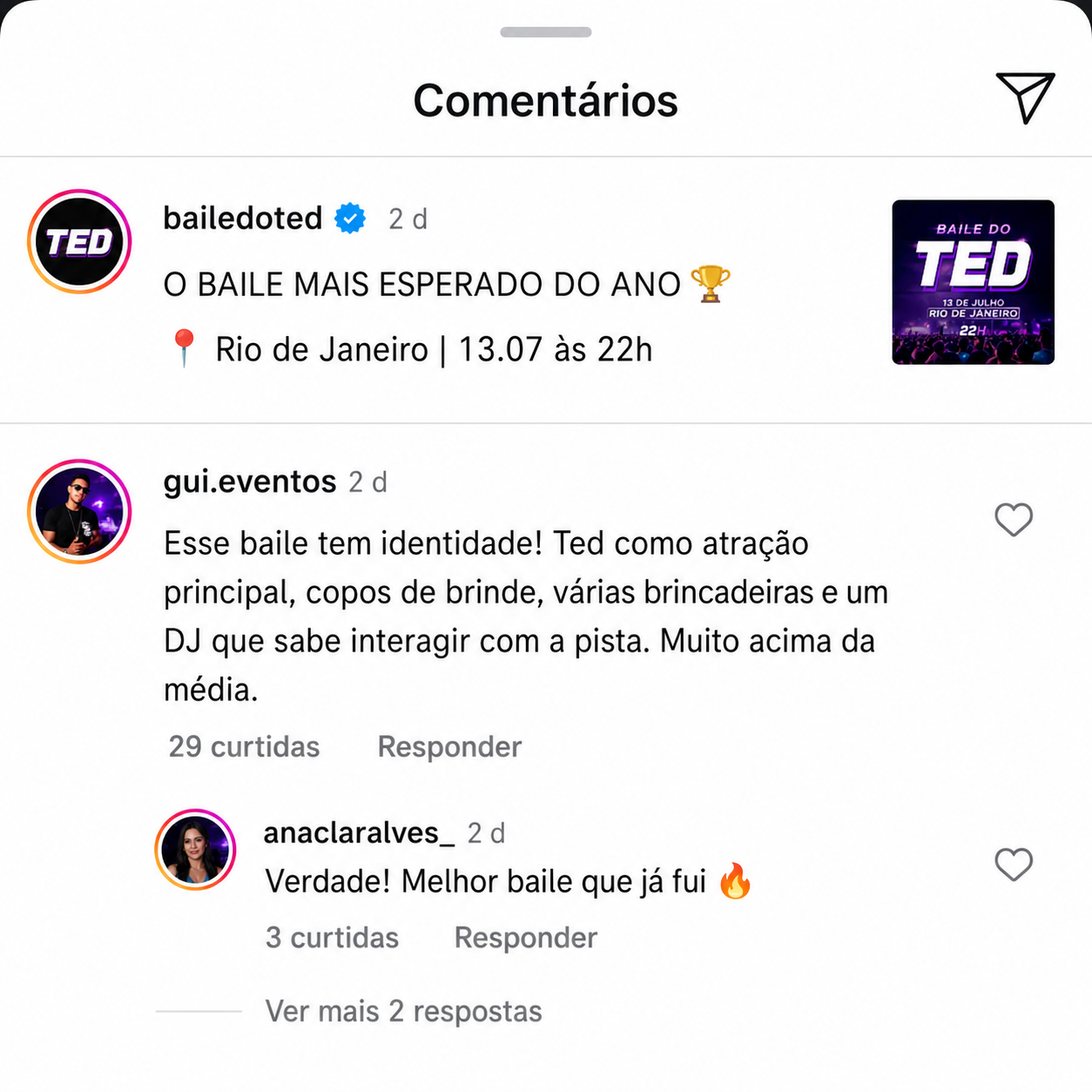 Comentário sobre o Baile do Ted no Instagram