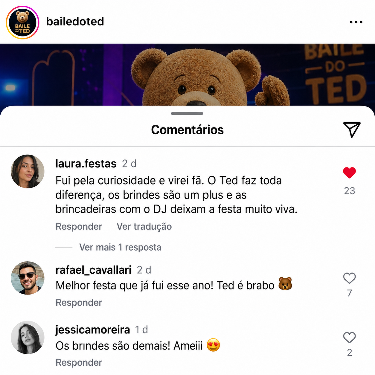 Comentário sobre o Baile do Ted no Instagram