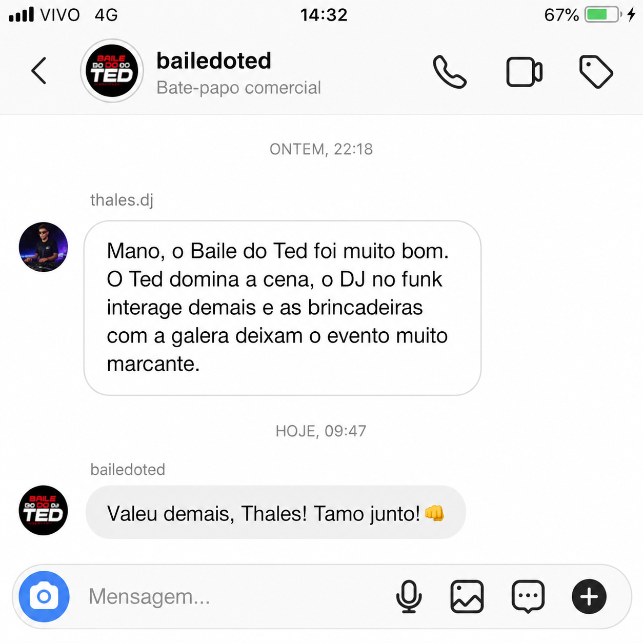 Comentário sobre o Baile do Ted no Direct do Instagram