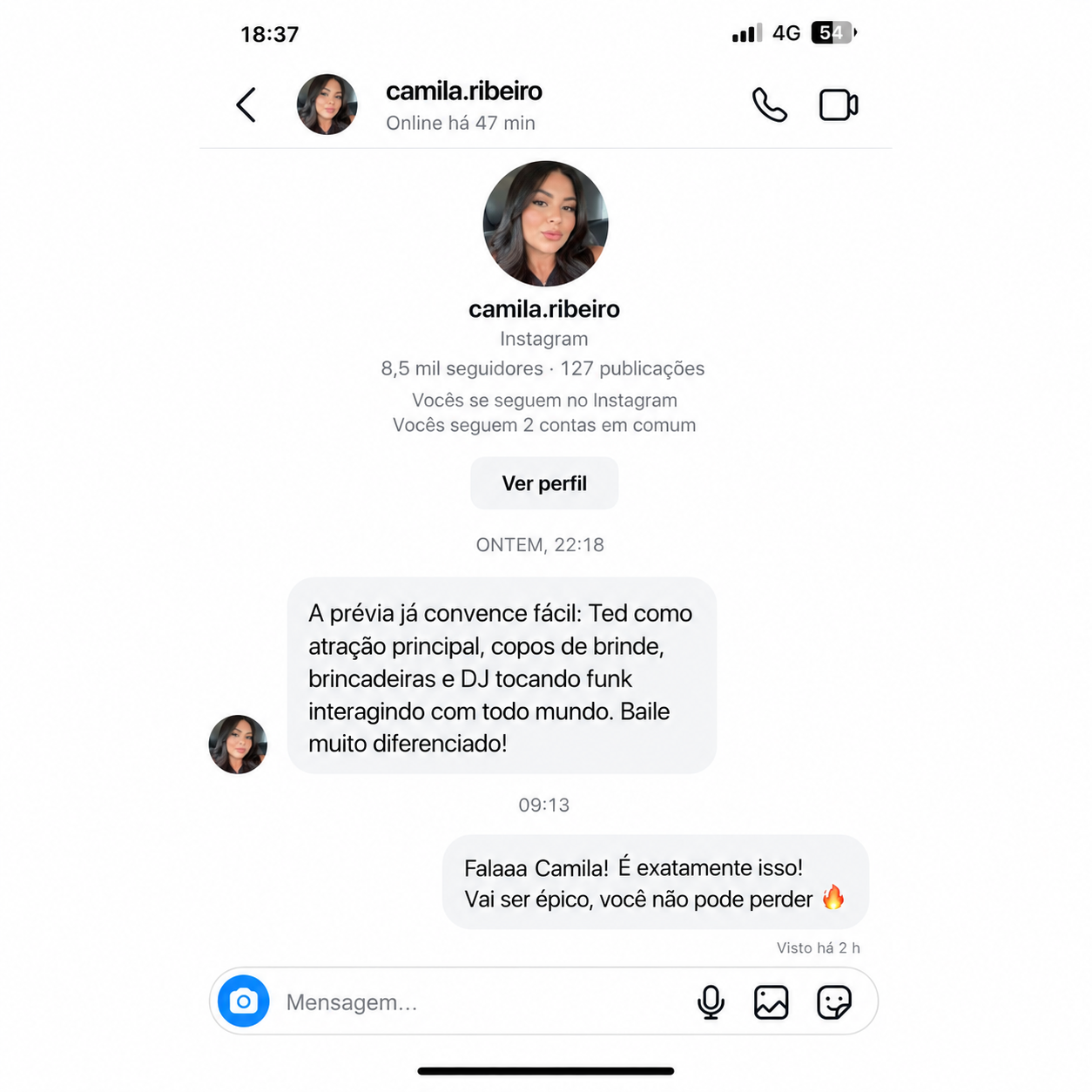 Comentário sobre o Baile do Ted no Direct do Instagram